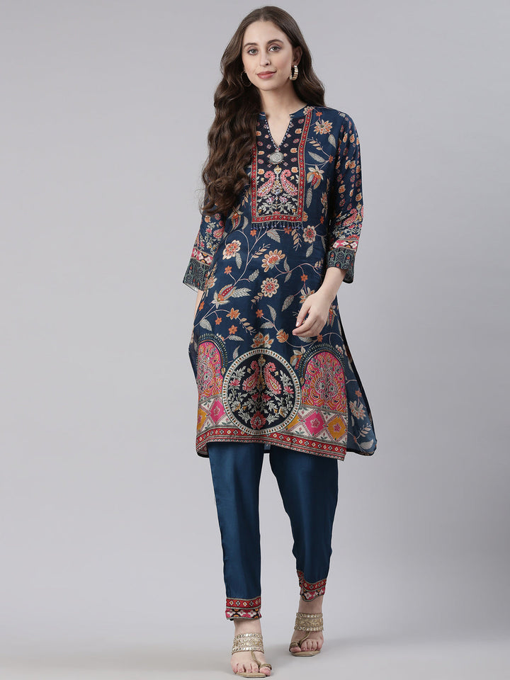 Neerus Navy Blue Printed Straight Kurta and Trousers
