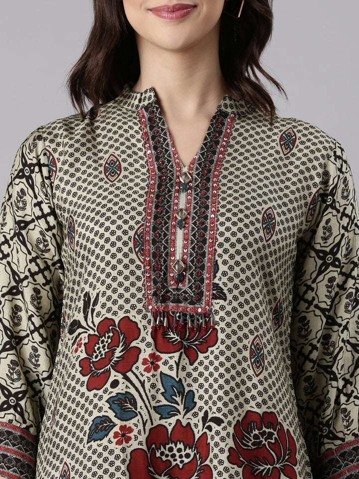 Beige Muslin Printed Two Piece Set