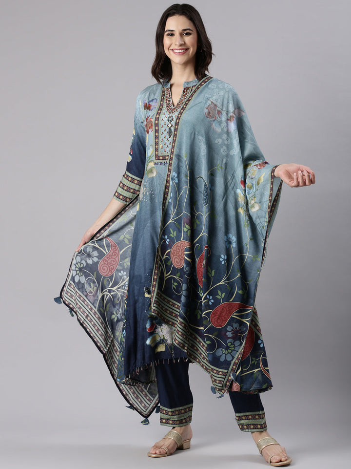 Blue Muslin Printed A-Line Three Piece Set