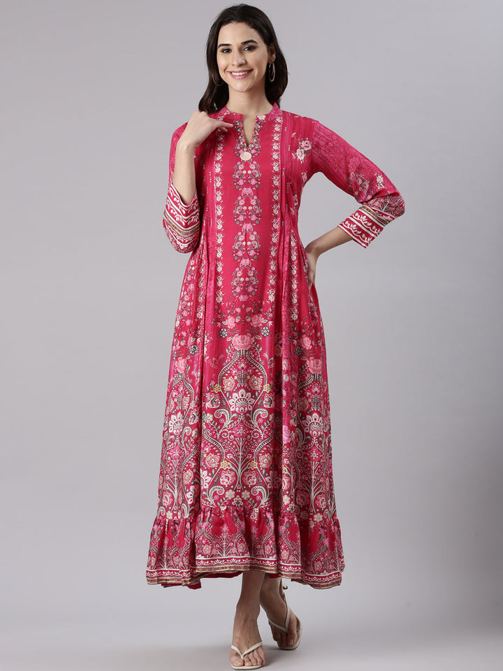 Neerus Pink muslin printed maxi dress - back view