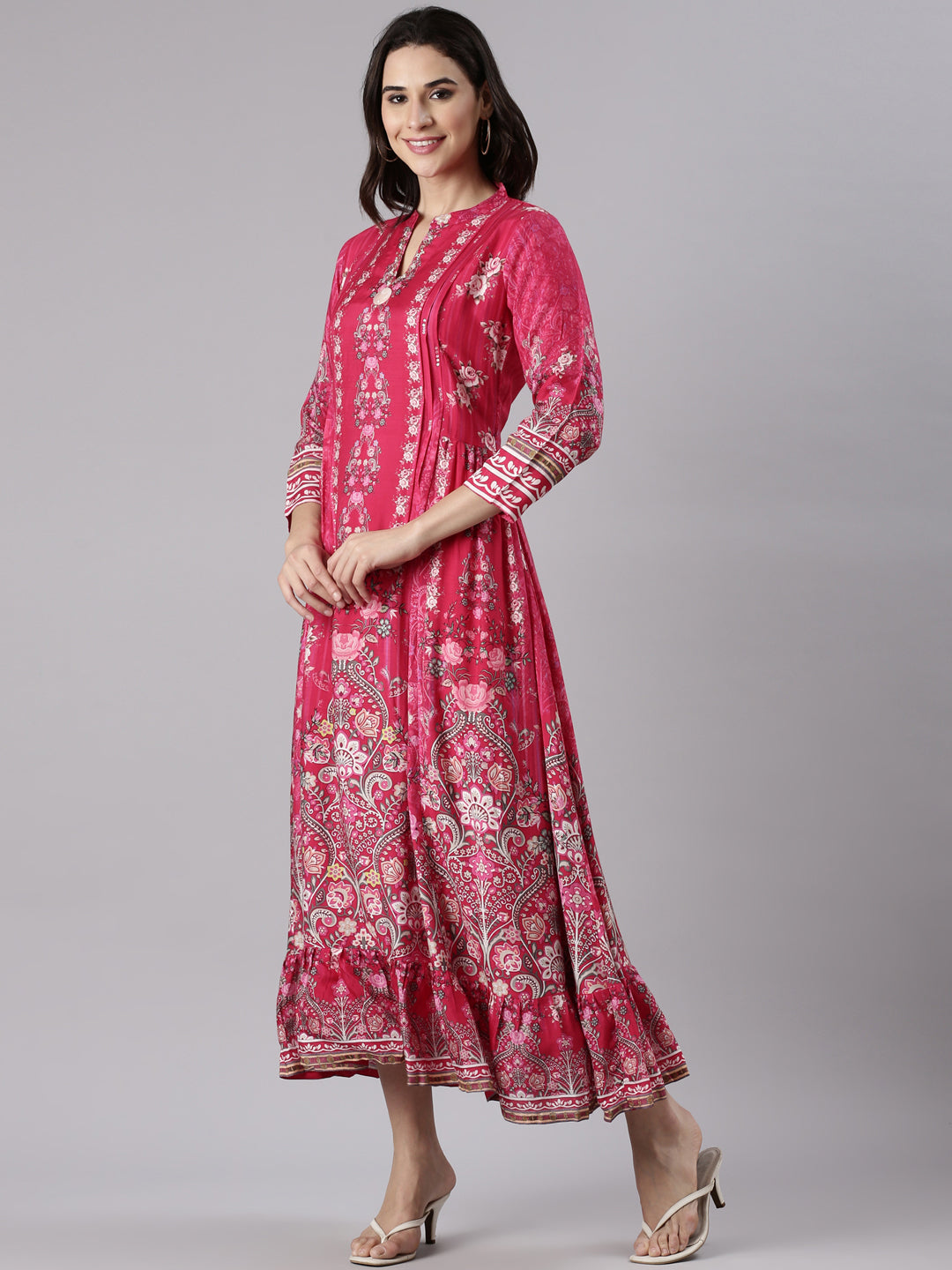 Neerus Pink muslin printed maxi dress - side view