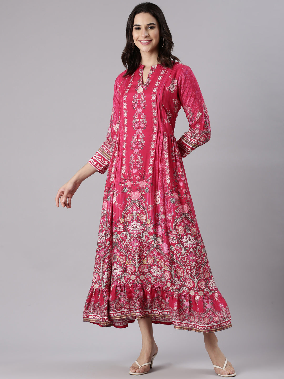 Neerus Pink muslin printed maxi dress - front view