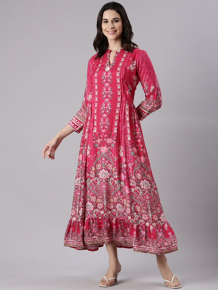 Neerus Pink muslin printed maxi dress - front view