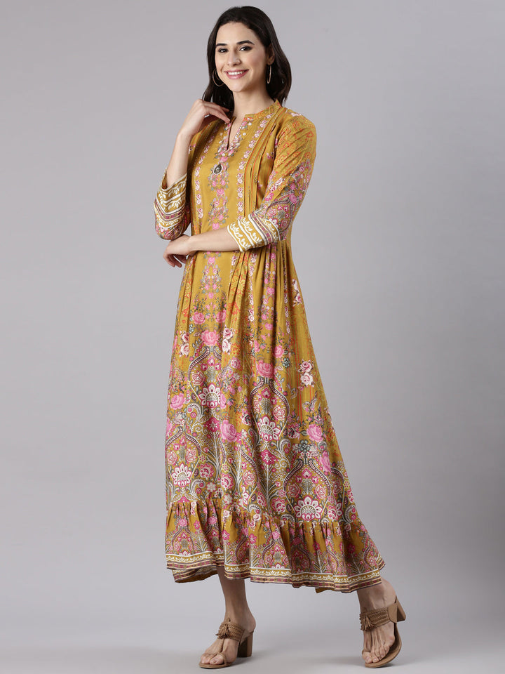 Mustard Muslin Long Anarkali Gown