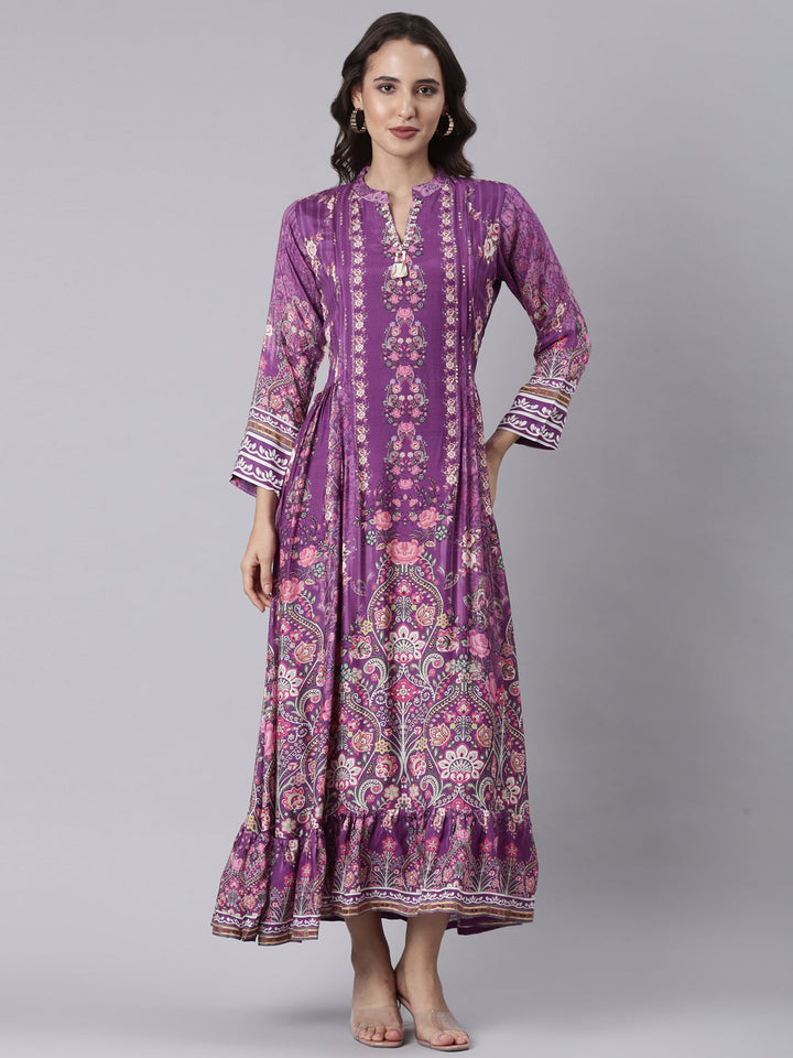 Purple Muslin Printed Long One Piece Gown