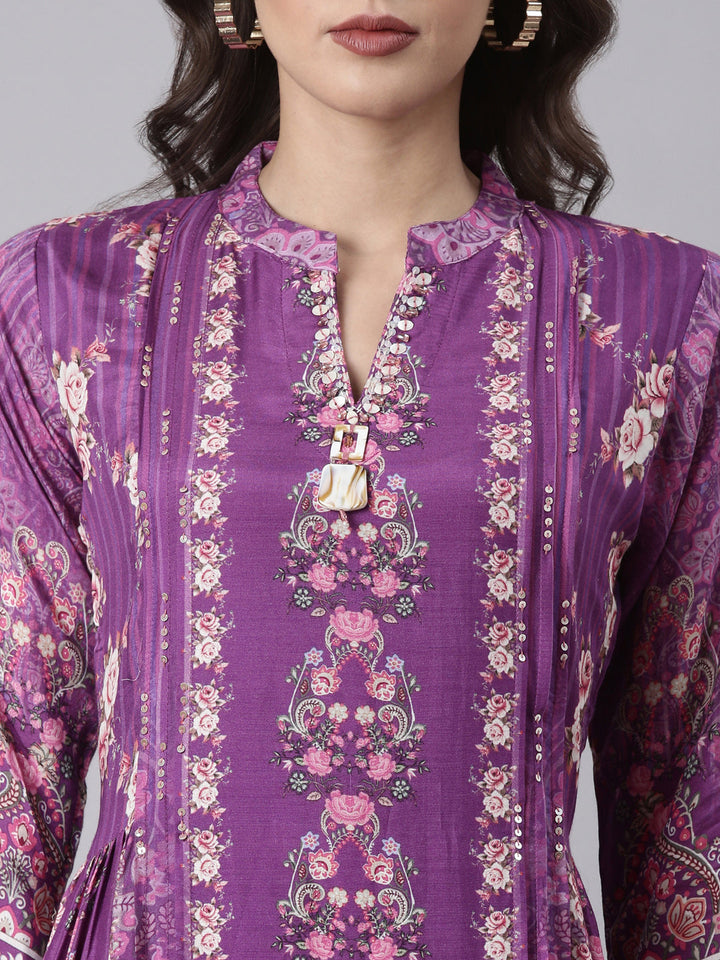 Purple Muslin Printed Long One Piece Gown