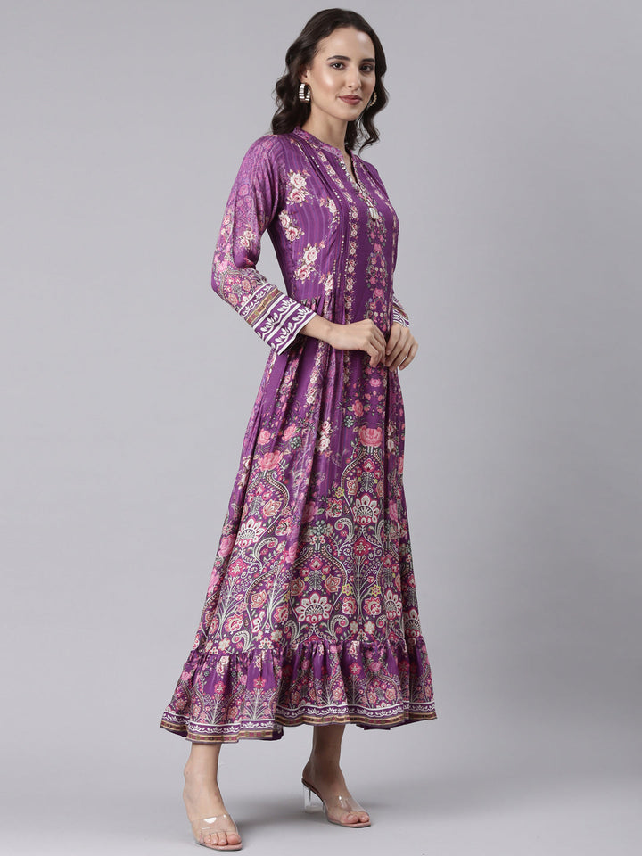 Purple Muslin Printed Long One Piece Gown