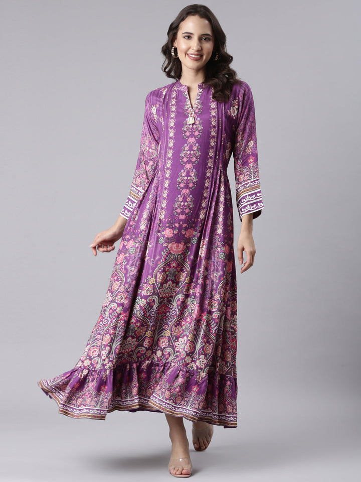 Purple Muslin Printed Long One Piece Gown