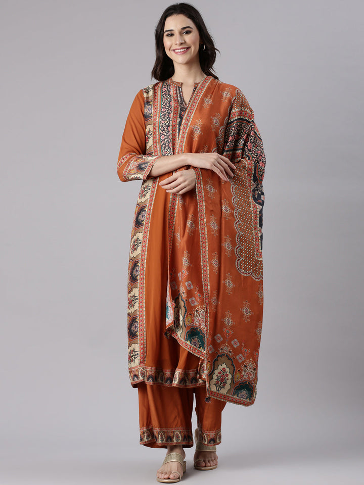 Rust Georgette Printed Three Piece Set