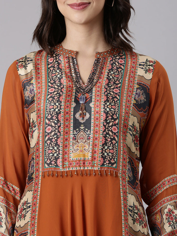 Rust Georgette Printed Three Piece Set