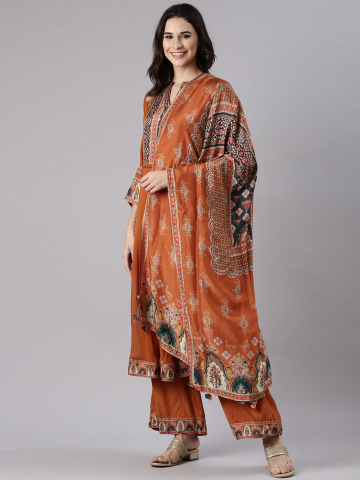 Rust Georgette Printed Three Piece Set