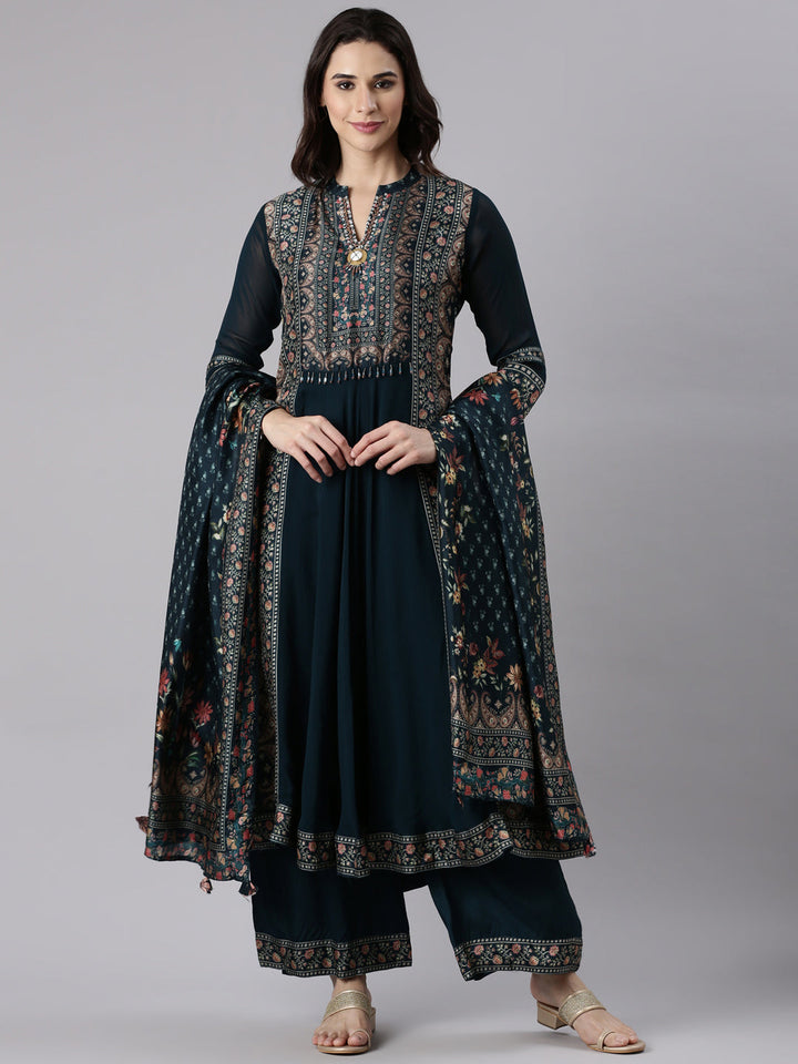 Neerus Green Georgette Embroidered Anarkali Suit Set - front view