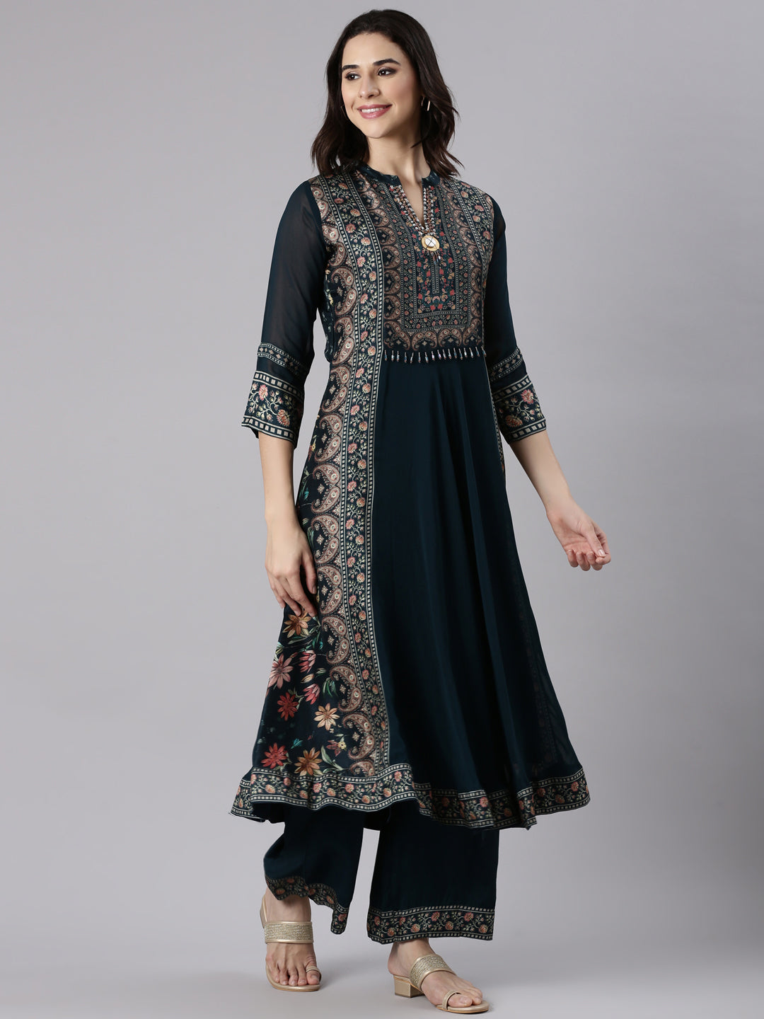 Neerus Green Georgette Embroidered Anarkali Suit Set - back view