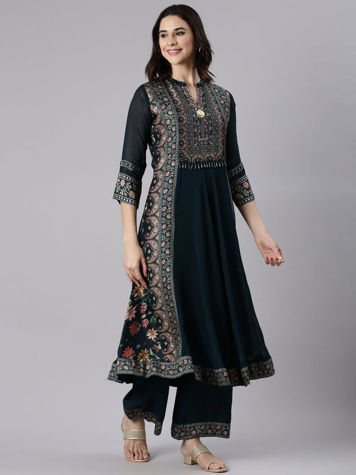 Neerus Green Georgette Embroidered Anarkali Suit Set - back view