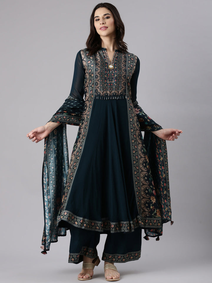 Neerus Green Georgette Embroidered Anarkali Suit Set - detail view 2