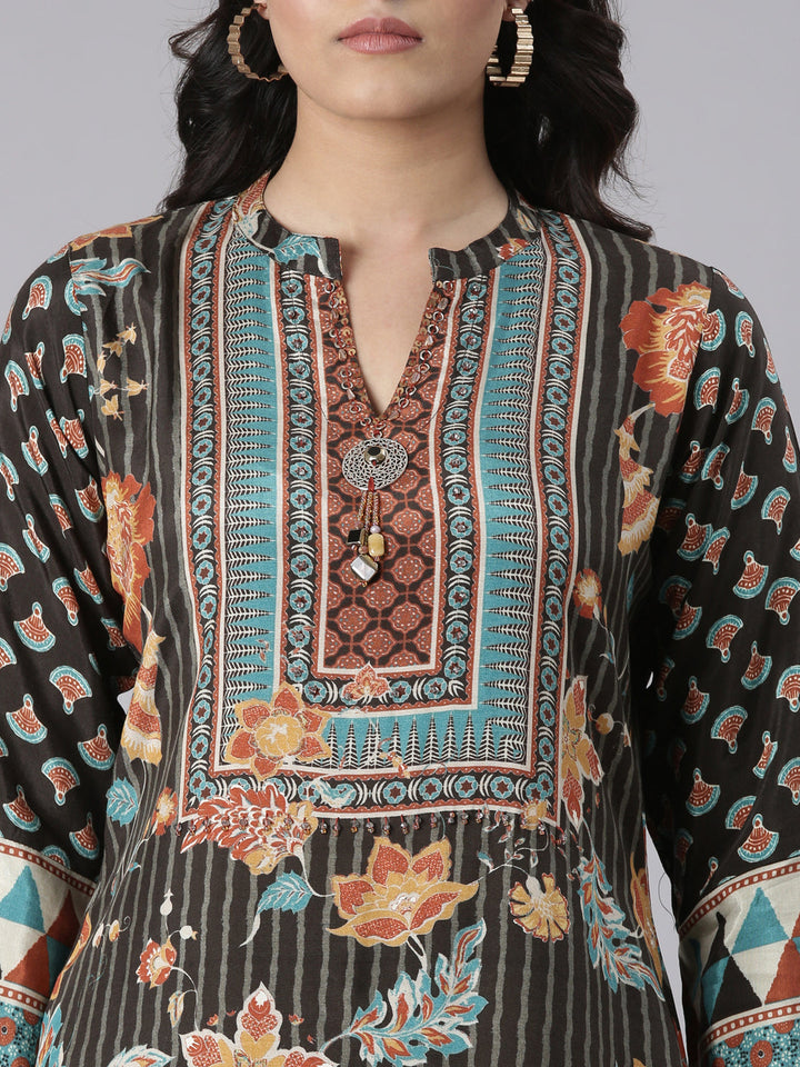 Neerus Black Printed Straight Kurta and Trousers With Dupatta