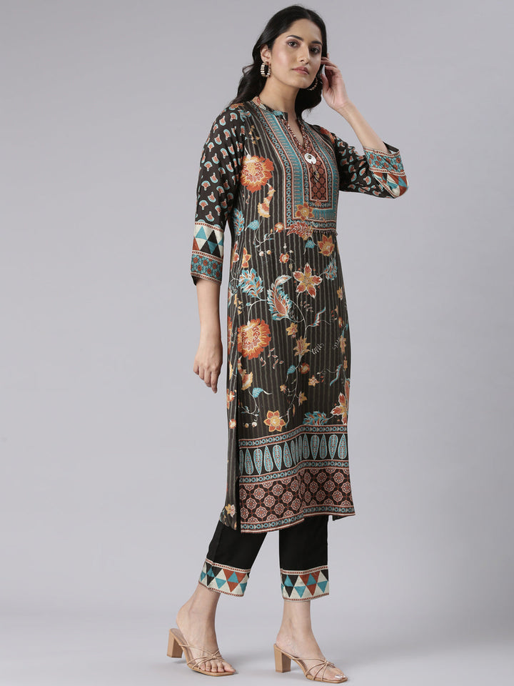 Neerus Black Printed Straight Kurta and Trousers With Dupatta