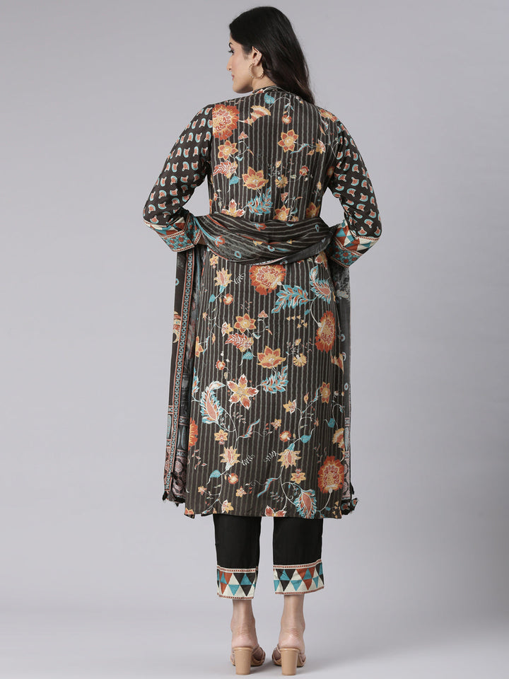 Neerus Black Printed Straight Kurta and Trousers With Dupatta