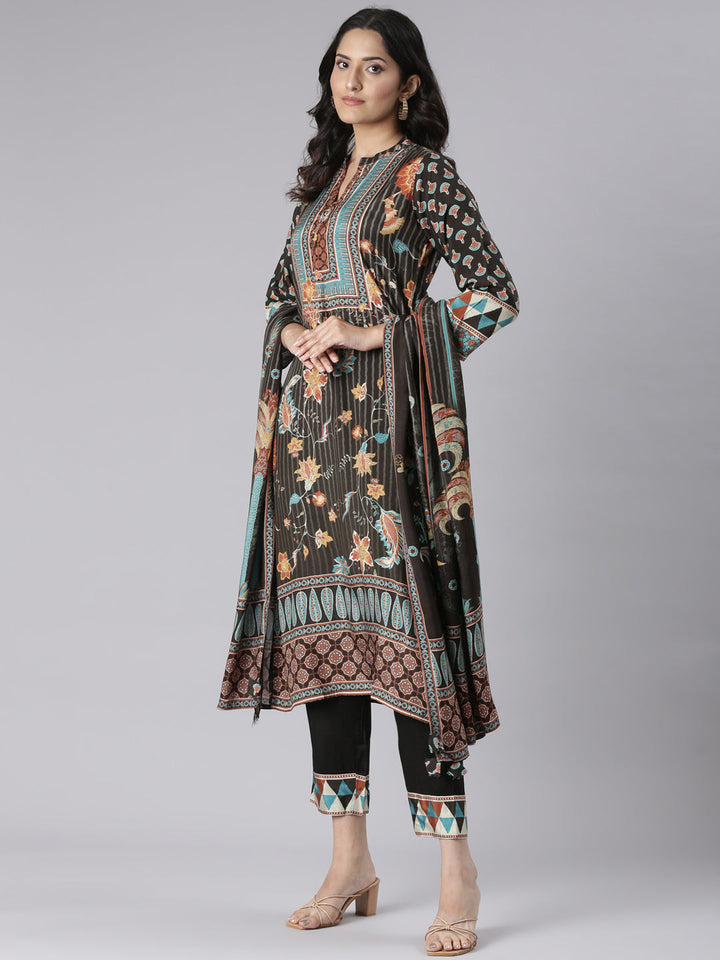 Neerus Black Printed Straight Kurta and Trousers With Dupatta
