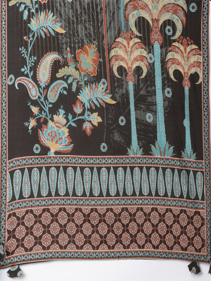 Neerus Black Printed Straight Kurta and Trousers With Dupatta