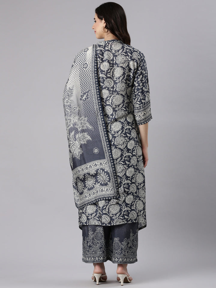 Grey Muslin Printed A-Line Three Piece Set