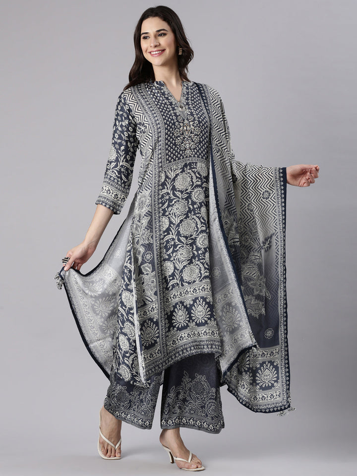 Grey Muslin Printed A-Line Three Piece Set