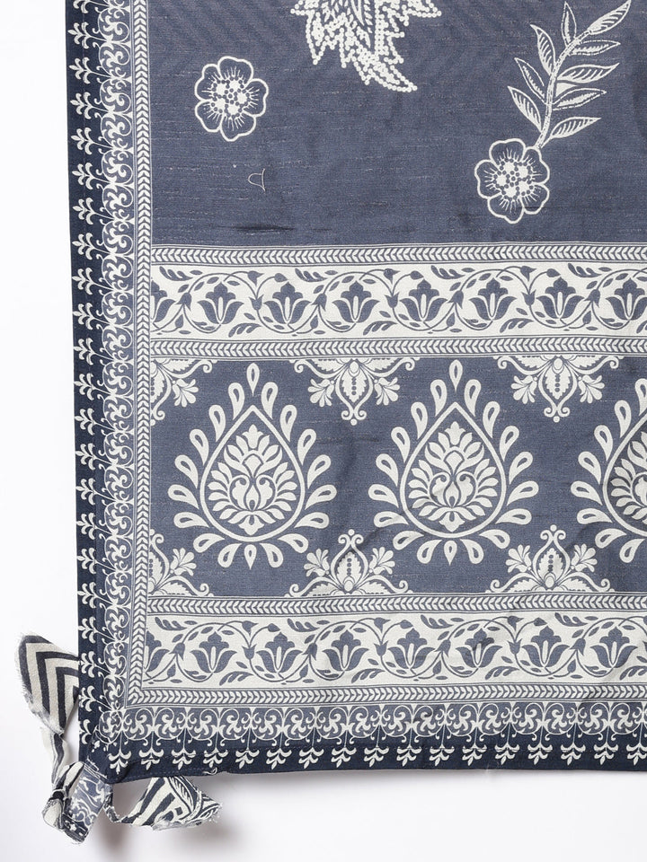 Grey Muslin Printed A-Line Three Piece Set