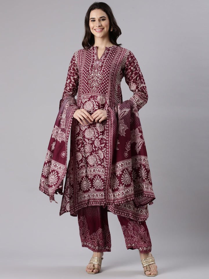 Wine Muslin Printed A-Line Three Piece Set