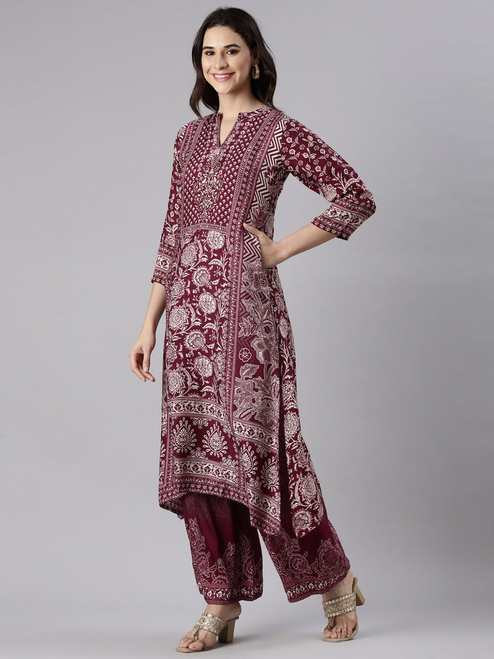 Wine Muslin Printed A-Line Three Piece Set