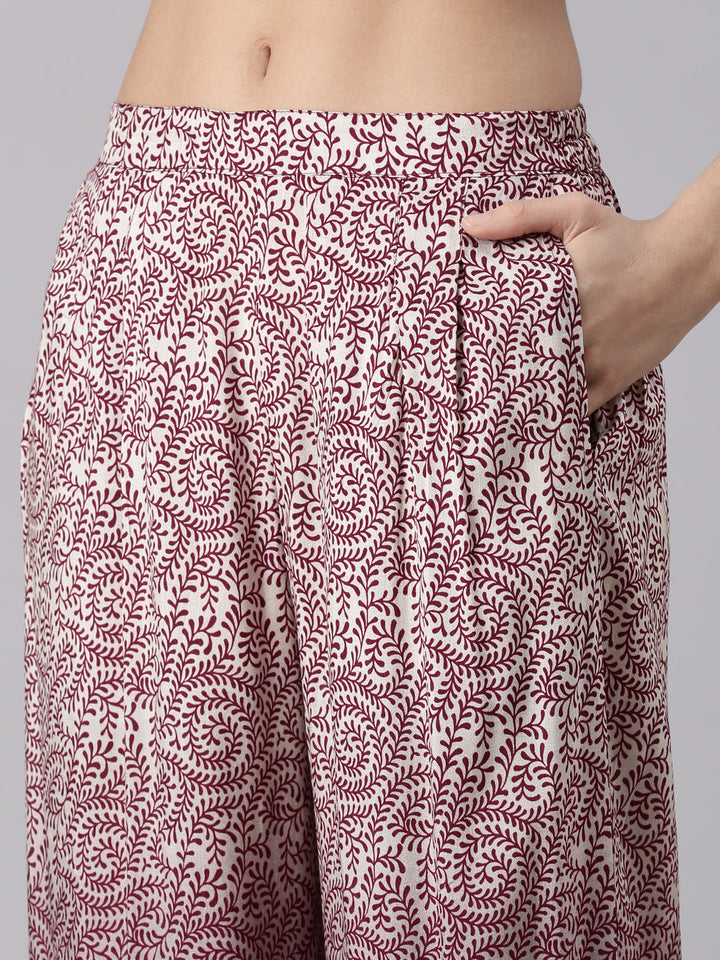 Wine Muslin Printed A-Line Three Piece Set