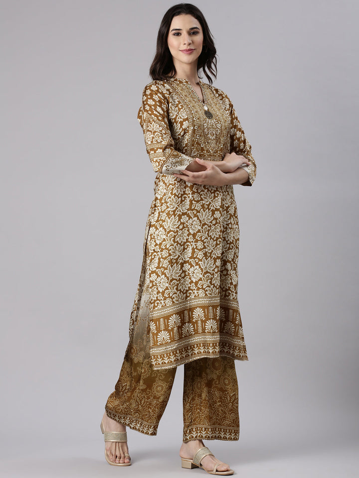 Brown Muslin Printed Three Piece Set