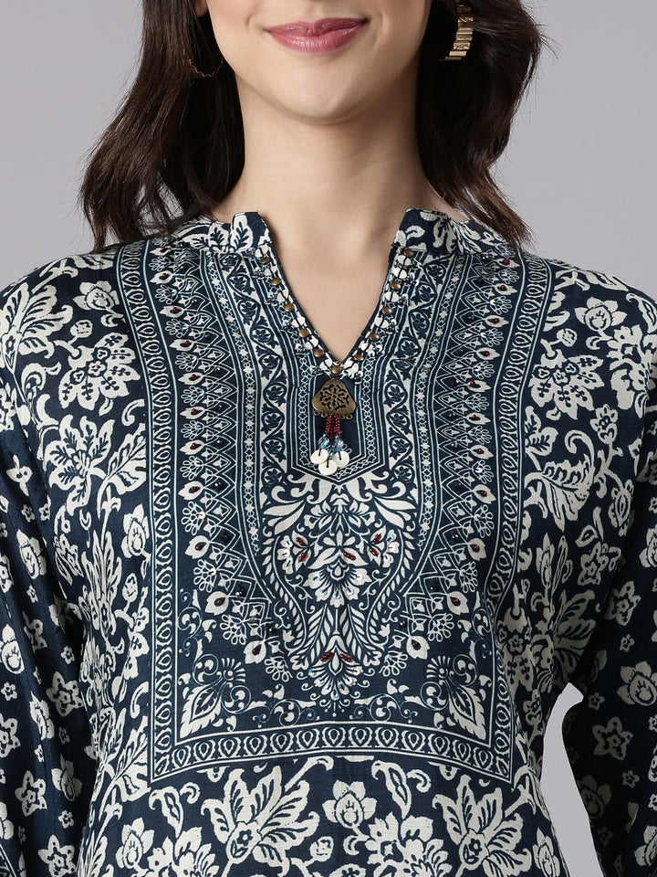 Navy Blue Muslin Printed A-Line Three Piece Set