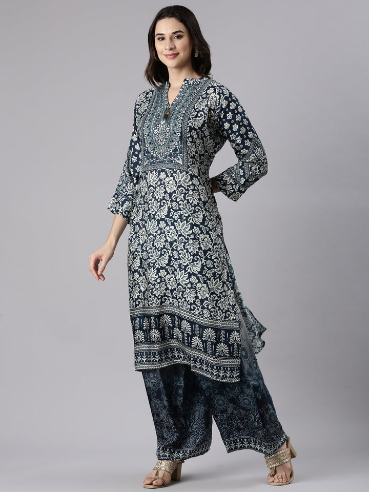 Navy Blue Muslin Printed A-Line Three Piece Set