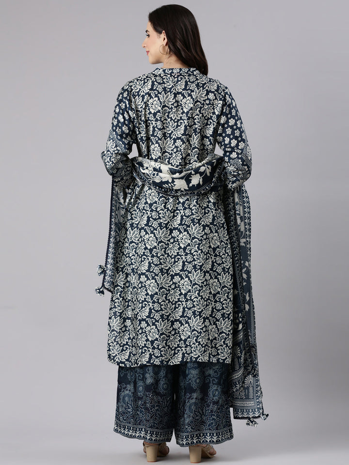 Navy Blue Muslin Printed A-Line Three Piece Set