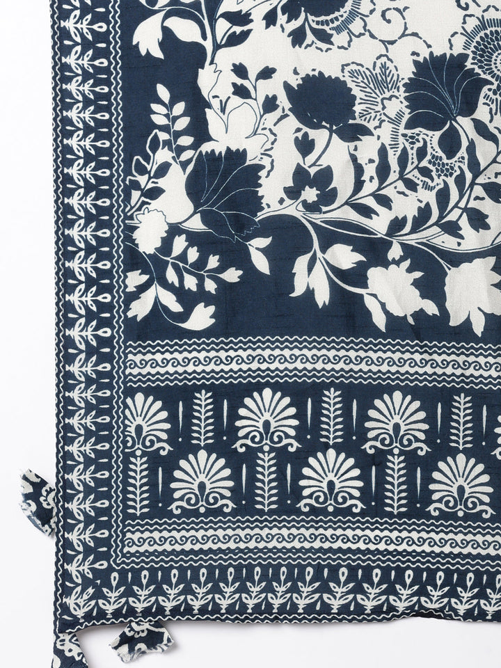 Navy Blue Muslin Printed A-Line Three Piece Set