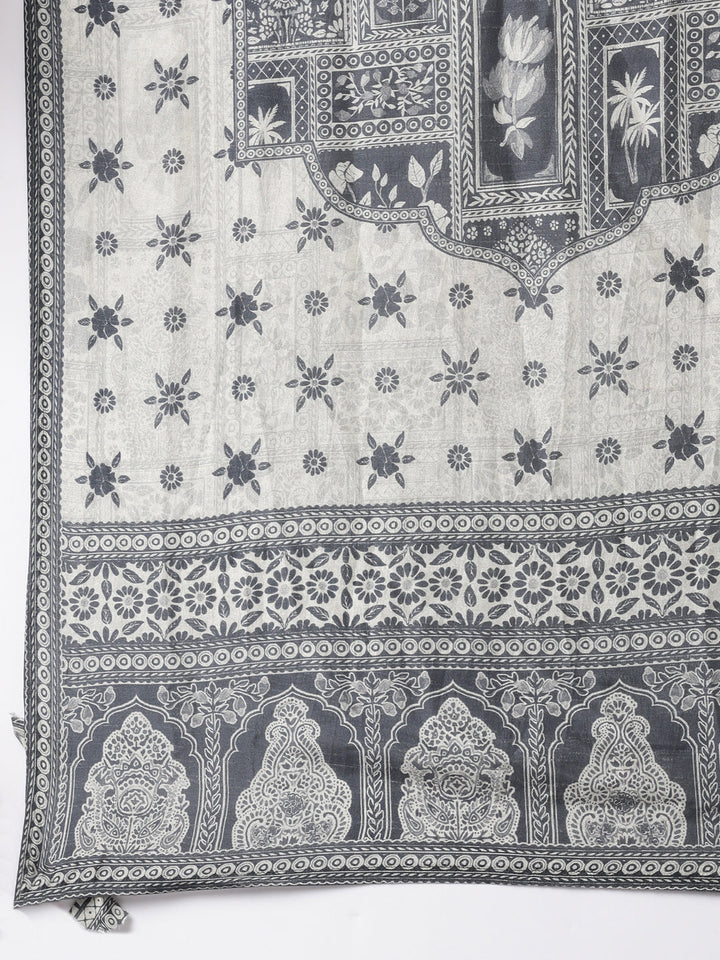 Gray Muslin Printed Three Piece Set