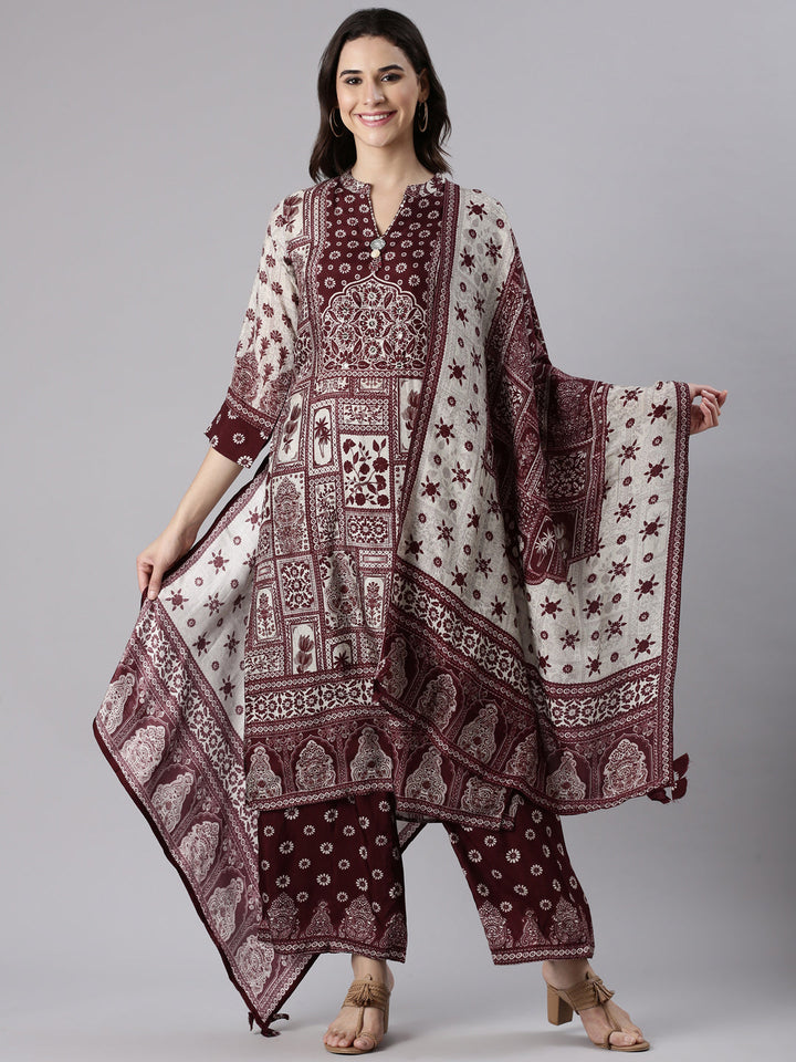 Wine Muslin Printed Three Piece Set