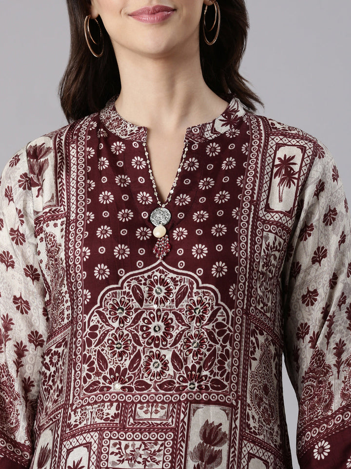 Wine Muslin Printed Three Piece Set