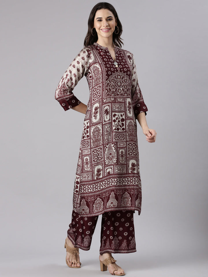 Wine Muslin Printed Three Piece Set