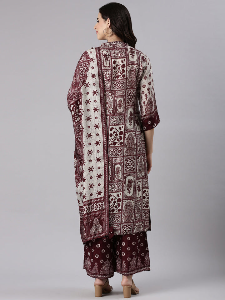 Wine Muslin Printed Three Piece Set