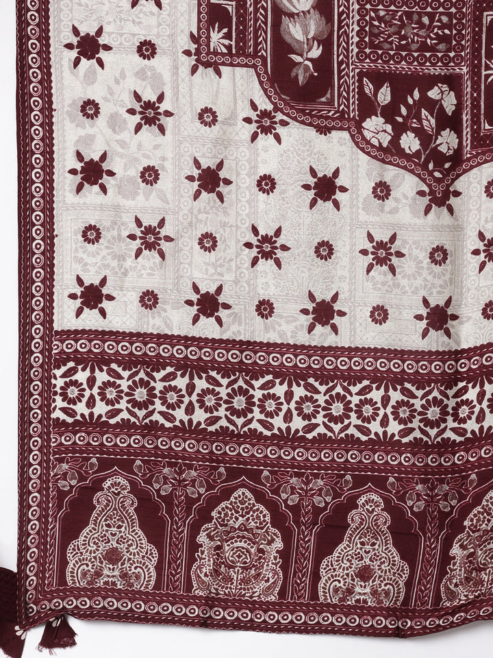 Wine Muslin Printed Three Piece Set