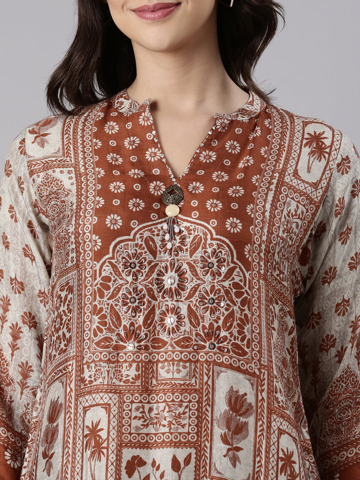 Rust Muslin Printed Three Piece Set