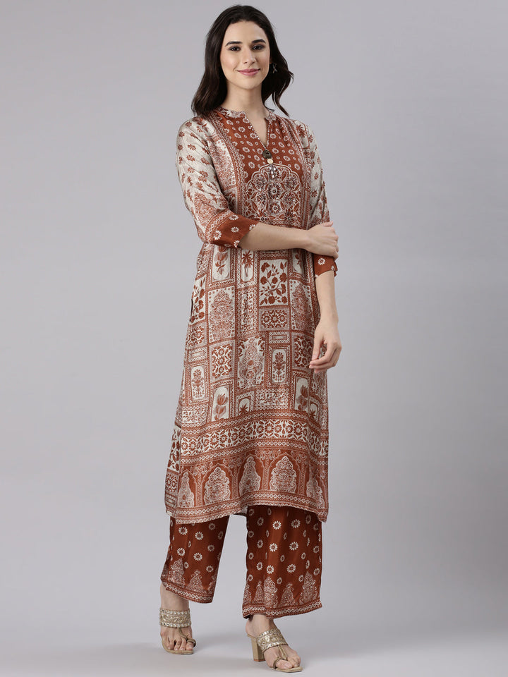 Rust Muslin Printed Three Piece Set