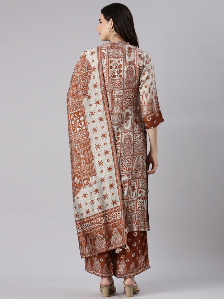 Rust Muslin Printed Three Piece Set