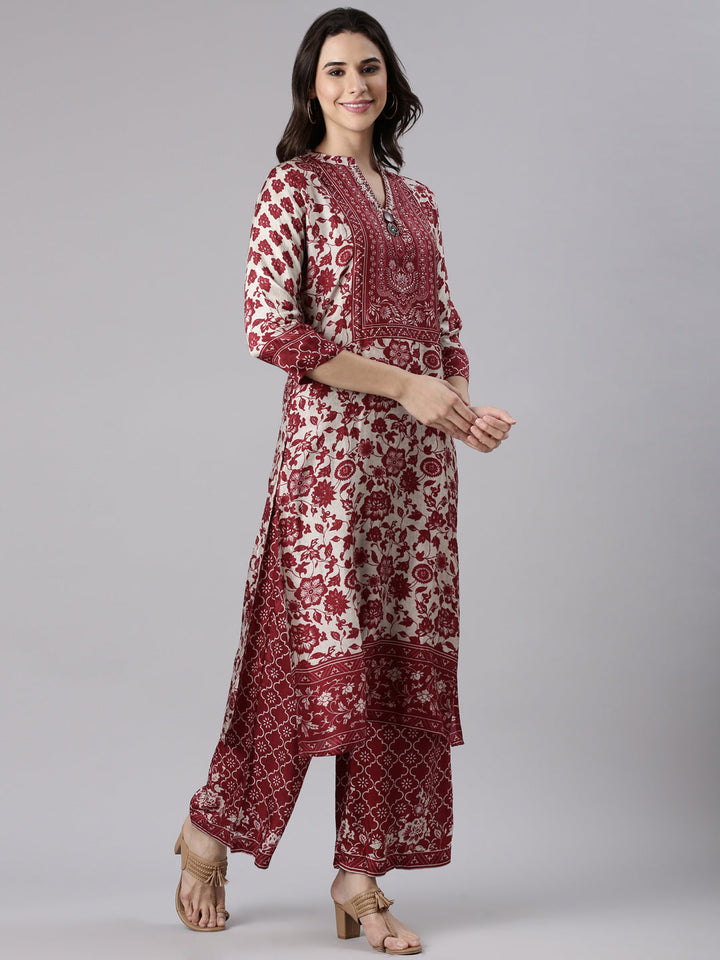 Maroon Muslin Printed Three Piece Set