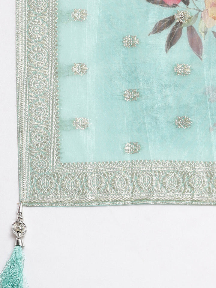 Neerus Green Panelled Straight Kurta and Trousers With Dupatta