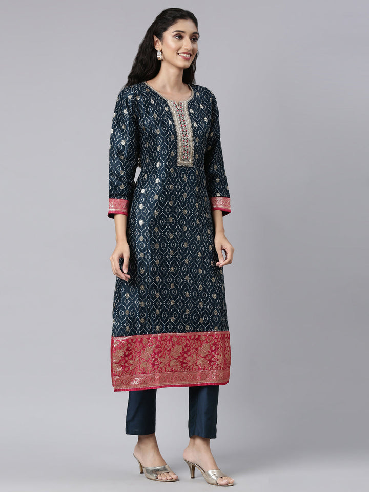 Neerus Blue organza panelled straight suit set - back view