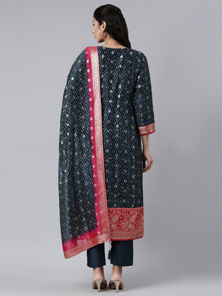 Neerus Blue organza panelled straight suit set - side view