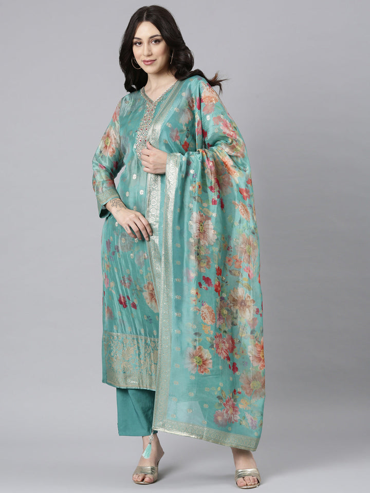 Neerus Green Panelled Straight Kurta and Trousers With Dupatta