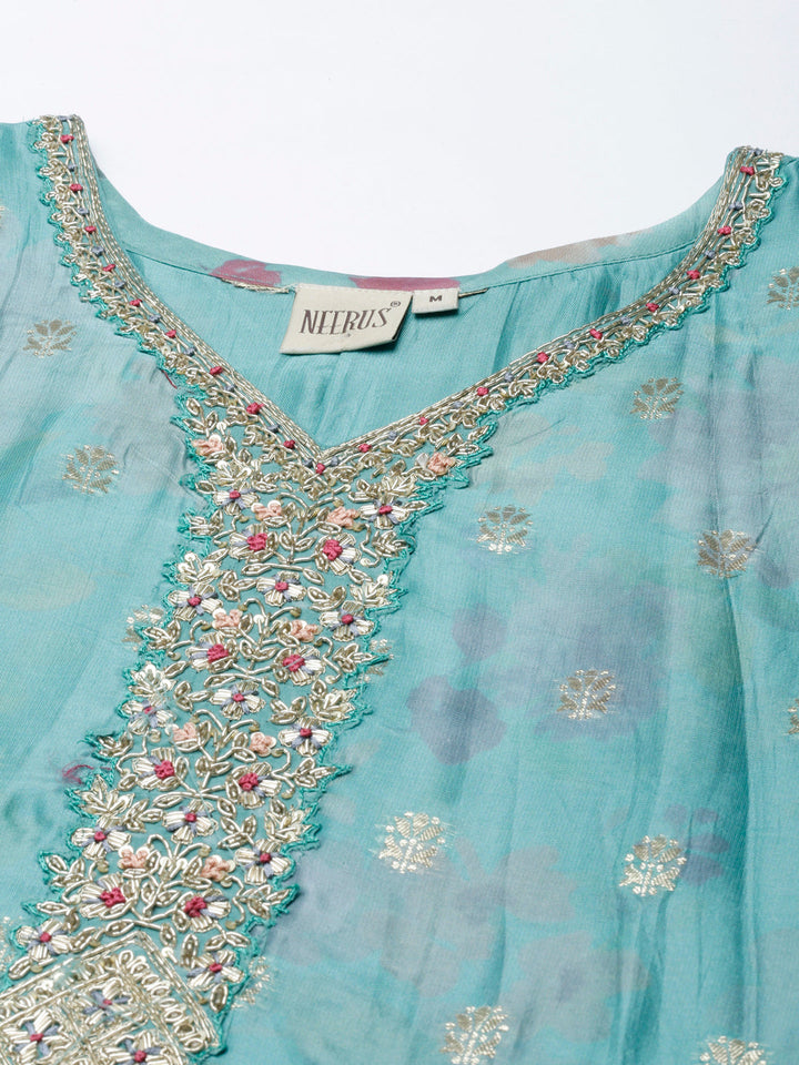 Neerus Green Panelled Straight Kurta and Trousers With Dupatta